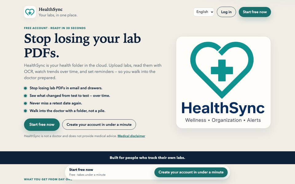 Η αρχική σελίδα του HealthSync